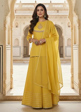 Yellow Silk Zari Hand Embroidered Long Choli Style Lehenga Set