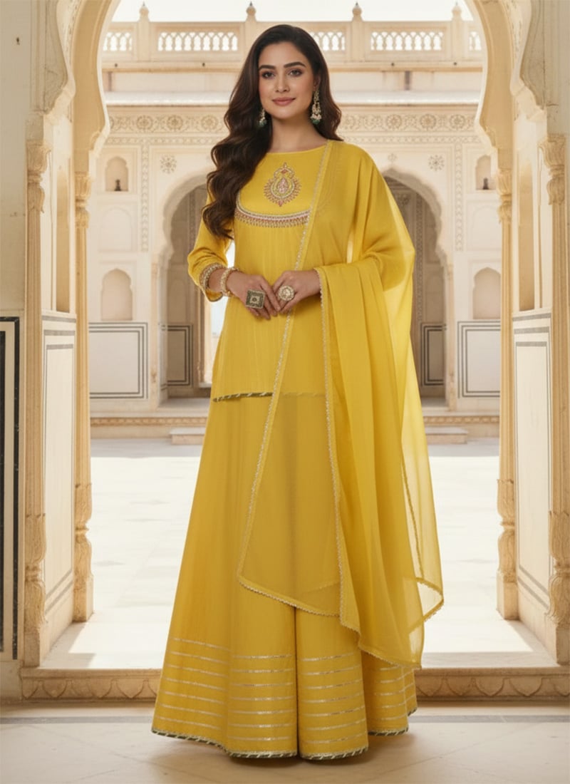 Yellow Silk Zari Hand Embroidered Long Choli Style Lehenga Set Festive Wear