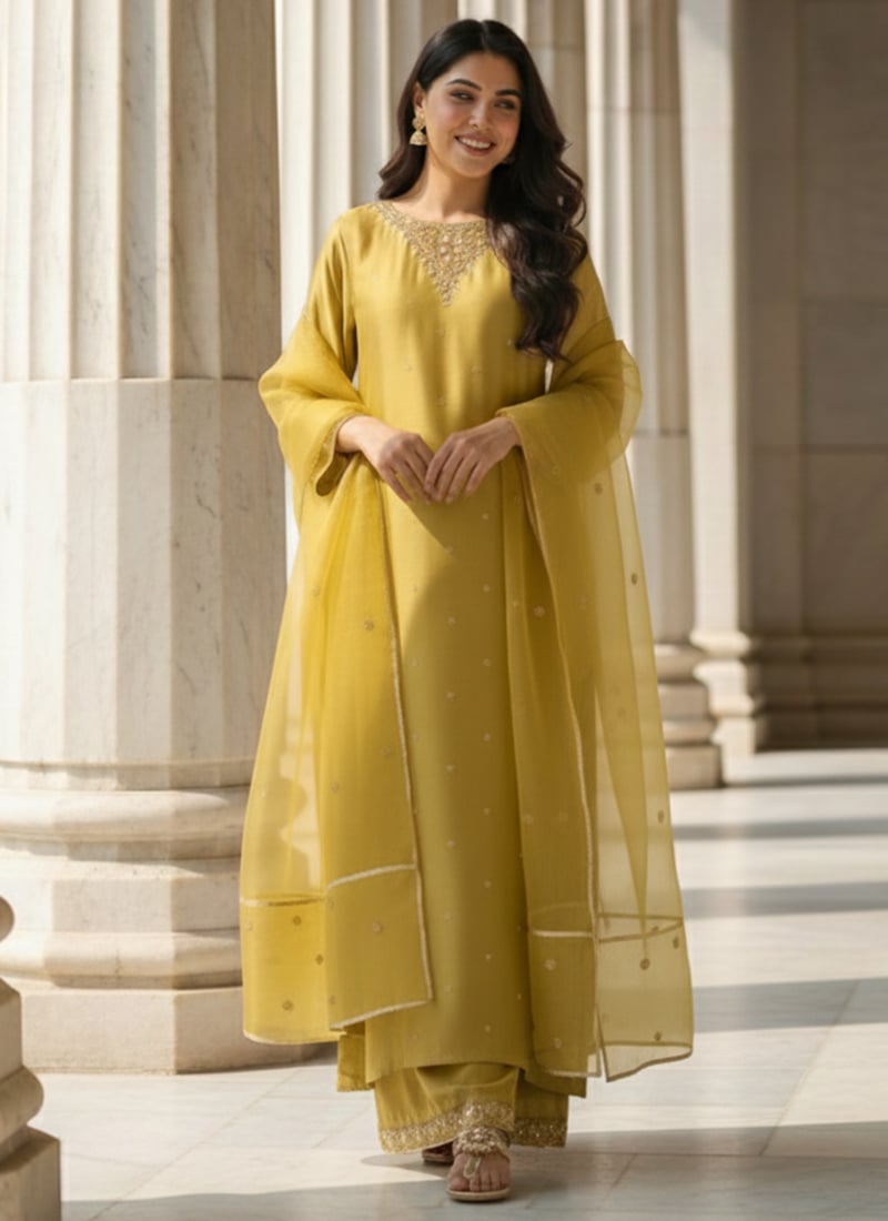 Yellow Silk Zari Hand Embroidered Sequins Straight Pant Suit Festive Wear