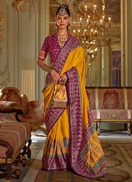 Yellow Silk Zari Printed Saree