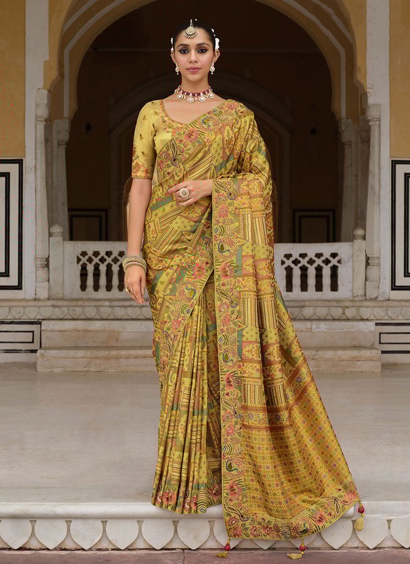 Yellow Silk Zari Resham Sequins Embroidered Stone Printed Saree Wedding Wear