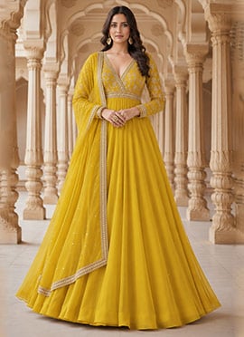 Yellow Silk Zari Sequins Anarkali Suit