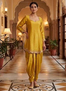 Yellow Silk Zari Sequins Dhoti Set