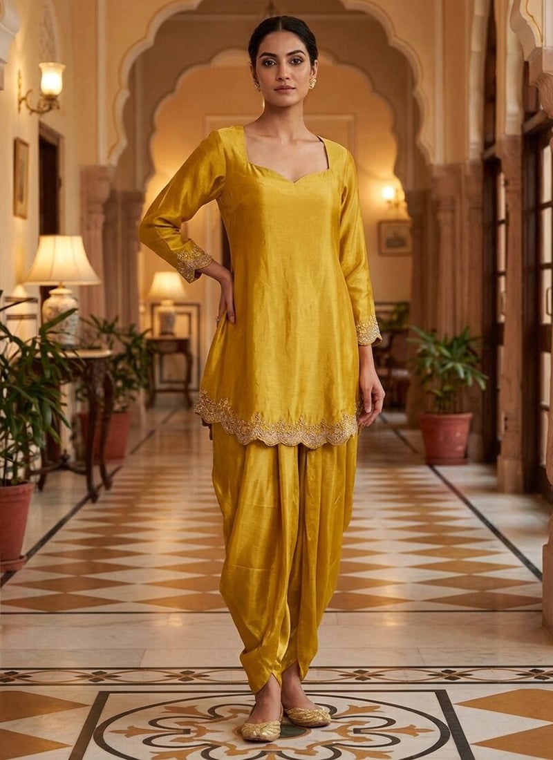 Yellow Silk Zari Sequins Dhoti Set Festive Wear