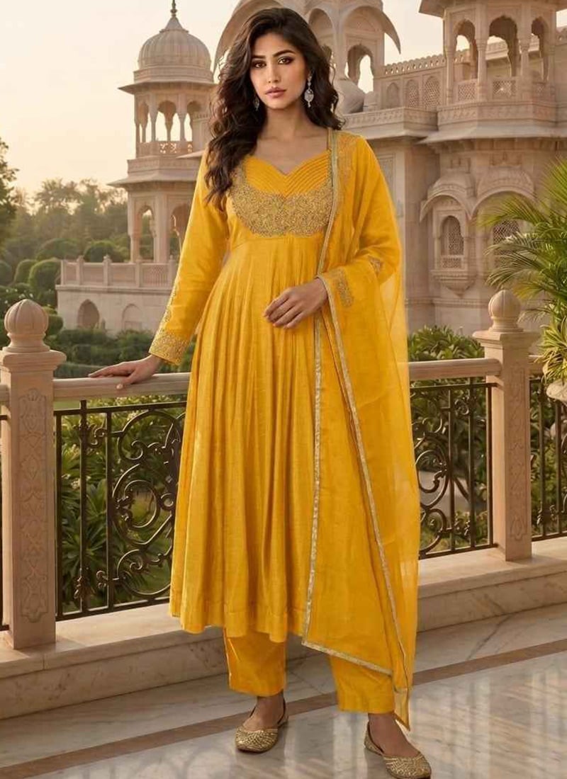 Yellow Silk Zari Sequins Embroidered Anarkali Suit Festive Wear