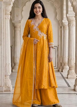 Yellow Silk Zari Sequins Embroidered Angarkha Palazzo Suit