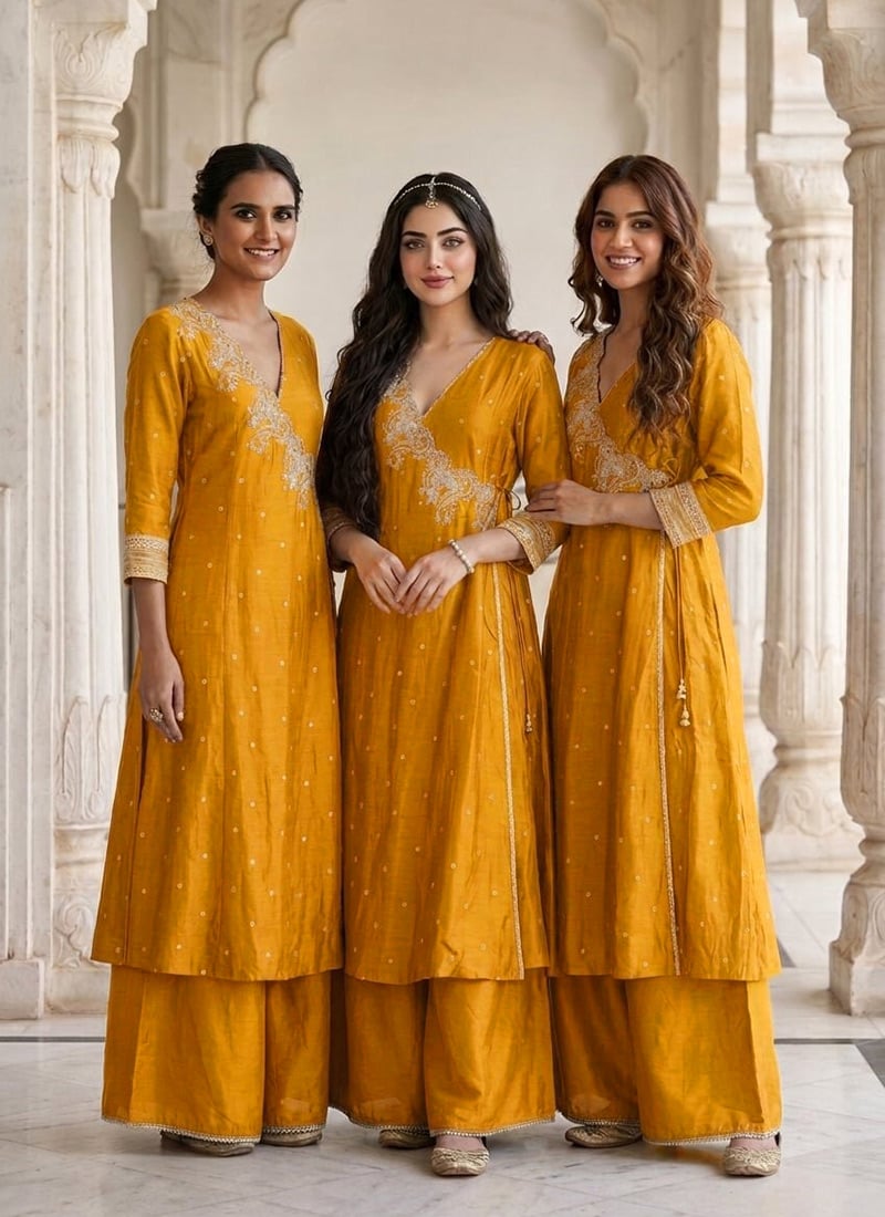 Yellow Silk Zari Sequins Embroidered Angarkha Palazzo Suit Festive Wear
