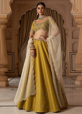 Yellow Silk Zari Sequins Hand Embroidered Lehenga