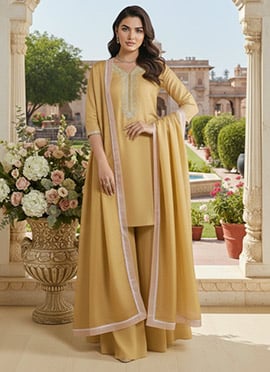 Yellow Silk Zari Sequins Palazzo Suit