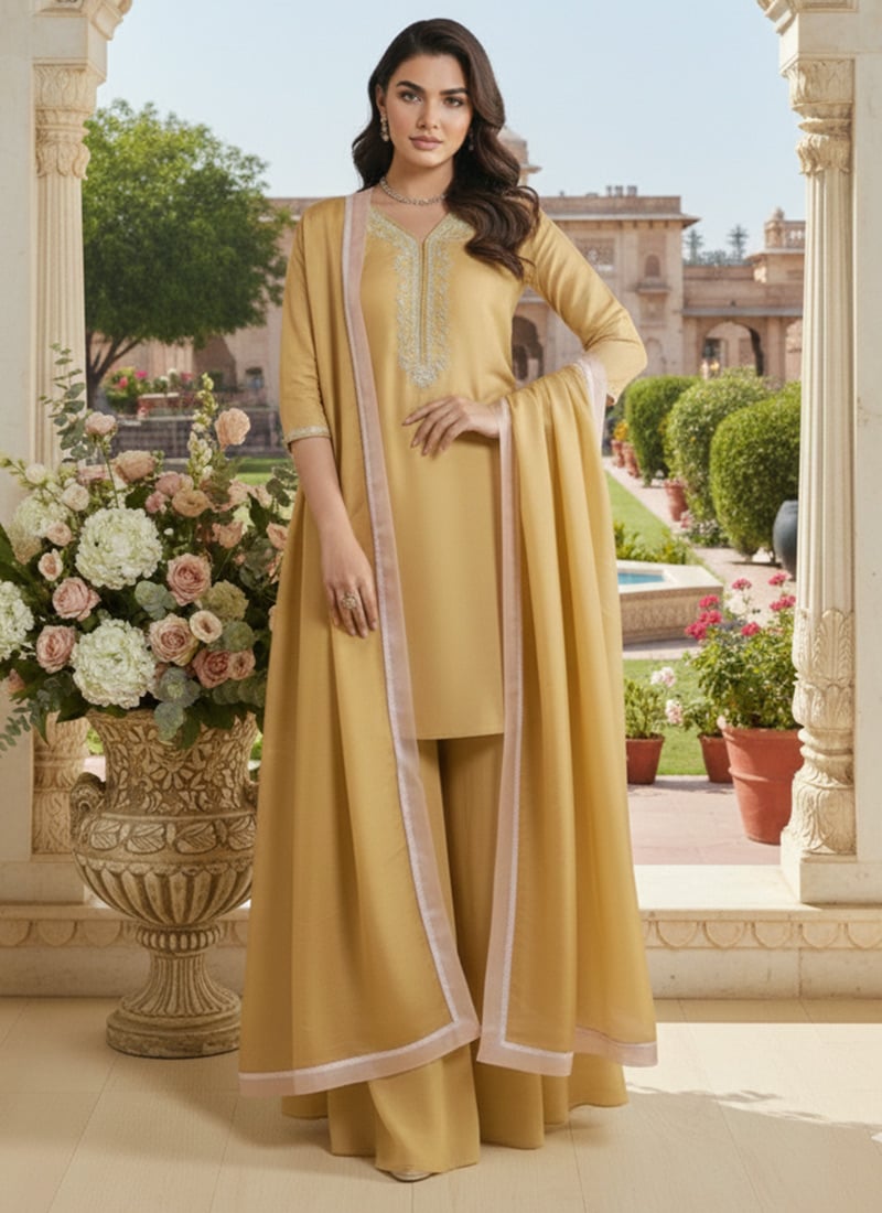 Yellow Silk Zari Sequins Palazzo Suit Festive Wear