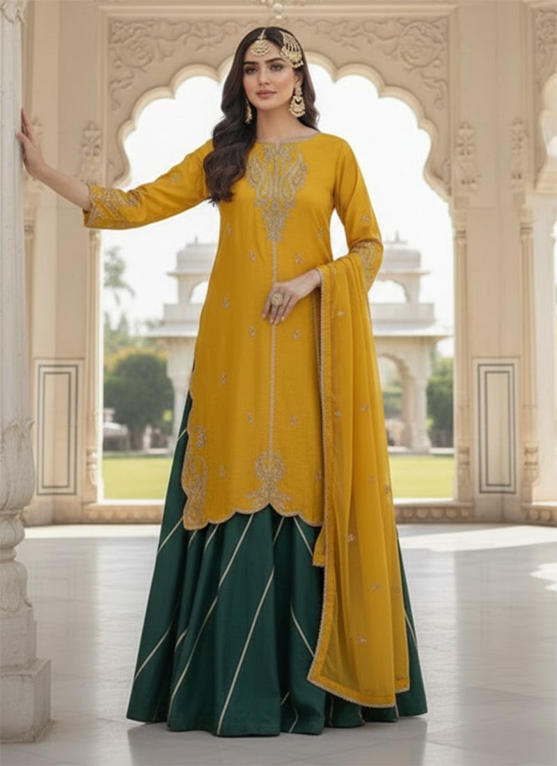 Yellow Silk Zari Sequins Palazzo Suit Wedding Wear