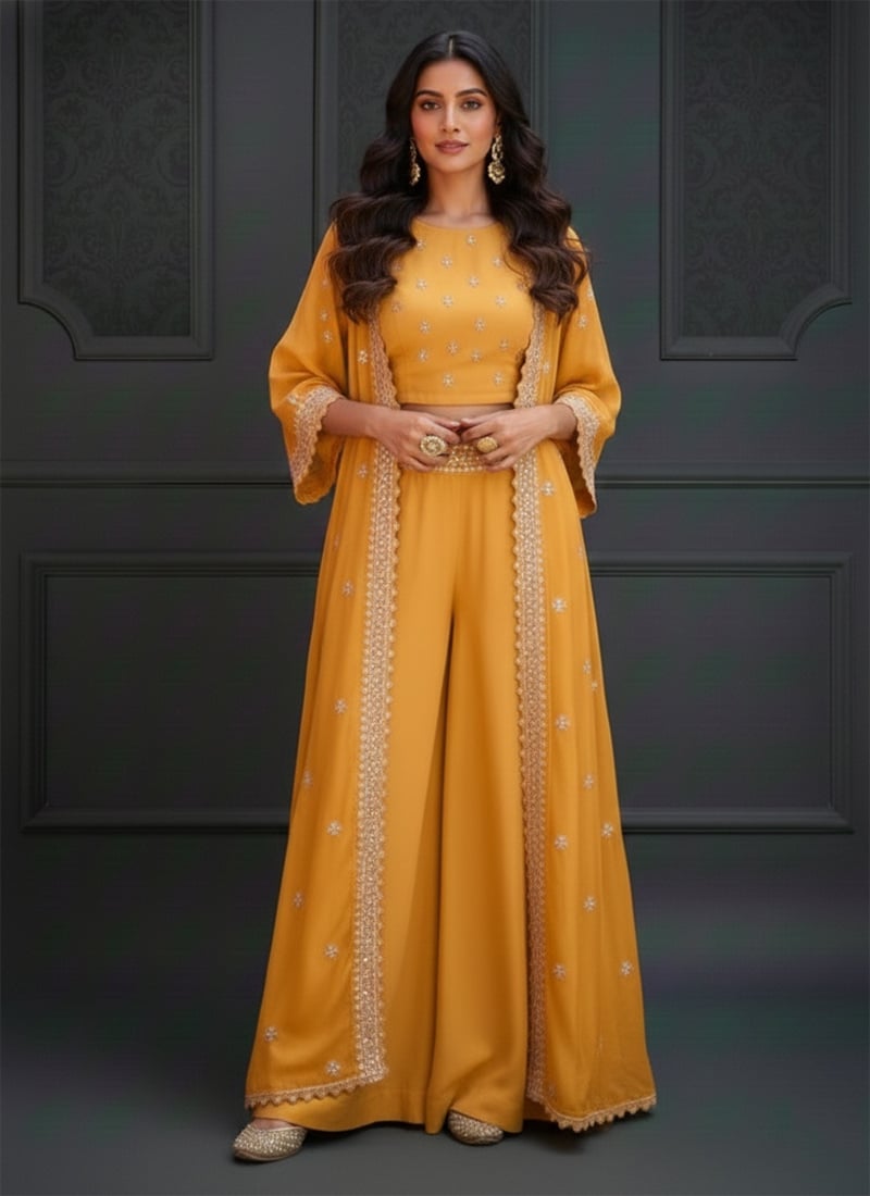 Yellow Silk Zari Sequins Work Indowestern Jacket Skirt Set After Six Wear