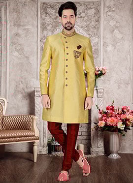 Yellow Slub Silk Hand Work Classic Sherwani