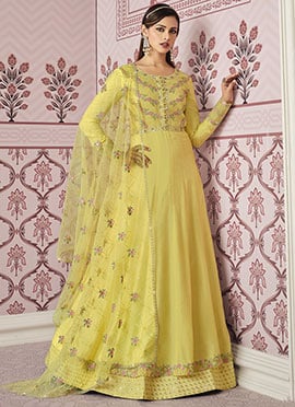 Yellow Soft Art Silk Embroidered N Sequins Anarkali Suit