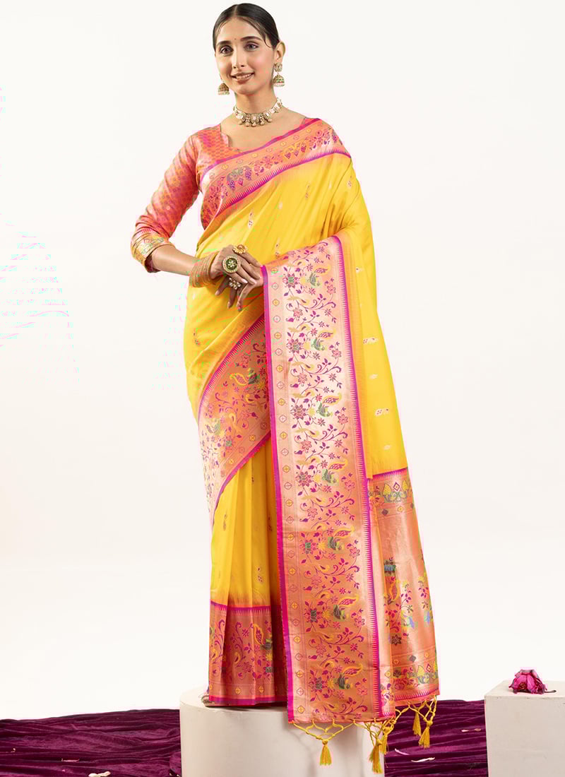 Yellow Soft Banarasi Silk Zari Jacquard Saree Festive Wear