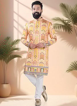 Yellow Soft Cotton Embroidered Sequins And Printed Kurta Pyjama