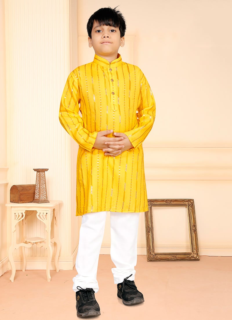 Yellow Soft Cotton Sequins Kids Boys Kurta Pyjama Festive Wear