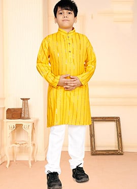 Yellow Soft Cotton Sequins Work Kids Boys Kurta Pyjama