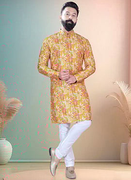 Yellow Soft Cotton Thread Embroidered Sequins Printed Kurta Pyjama