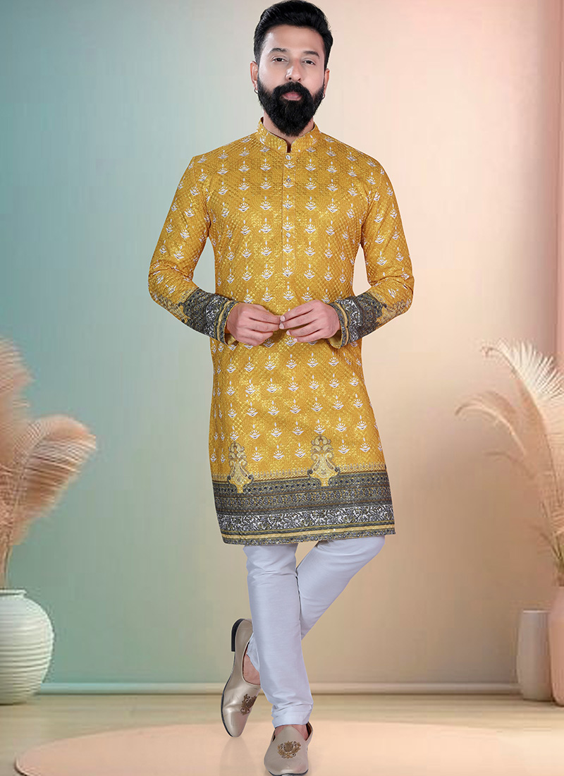 Yellow Soft Cotton Thread Embroidered Sequins Printed Kurta Pyjama Festive Wear