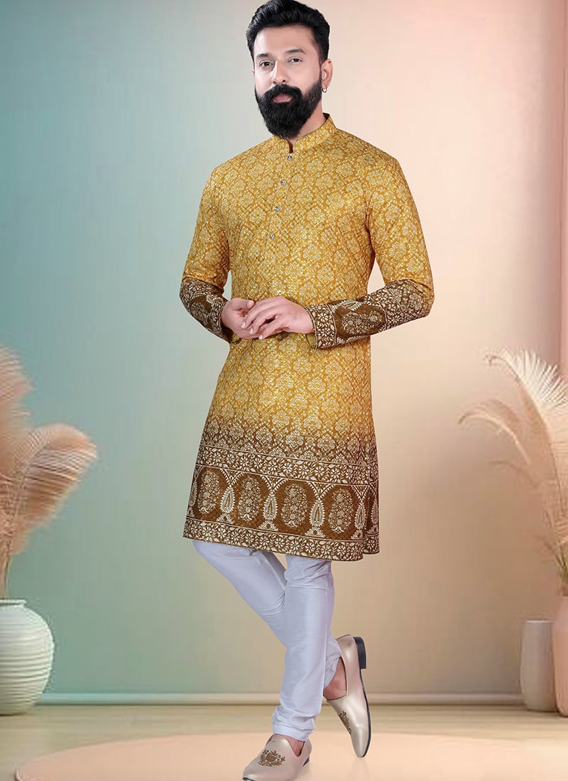 Yellow Soft Cotton Thread Embroidered Sequins Printed Kurta Pyjama Festive Wear