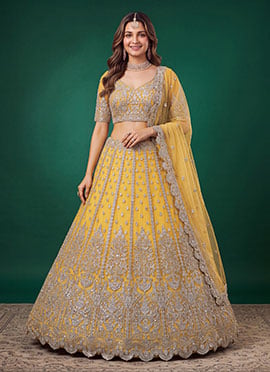 Yellow Soft Net Zari Dori Sequins Embroidered Lehenga