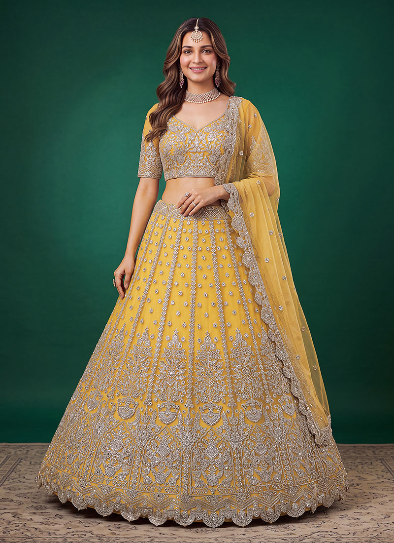 Yellow Soft Net Zari Dori Sequins Embroidered Lehenga Wedding Wear