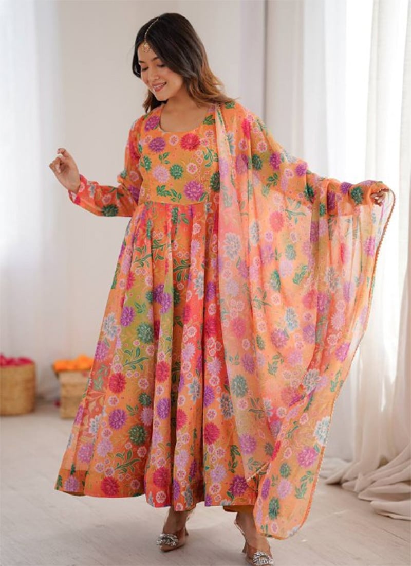 Yellow Soft Organza Printed Anarkali Suit After Six Wear