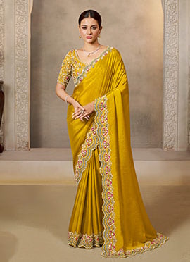 Yellow Soft Satin Silk Hand Embroidered Sequins With Zari And Mirror Work Saree
