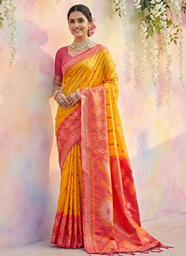 Yellow Soft Silk Ikkat Print Saree