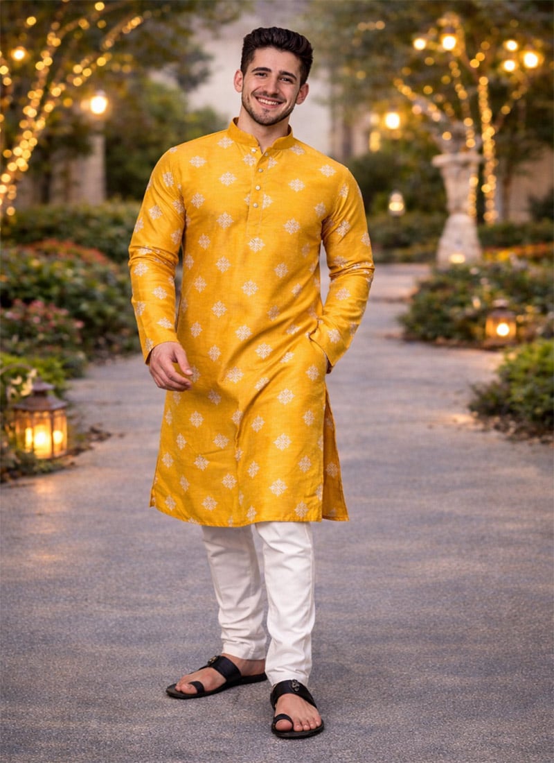 Yellow Soft Silk Sequins Kurta Pyjama Festive Wear