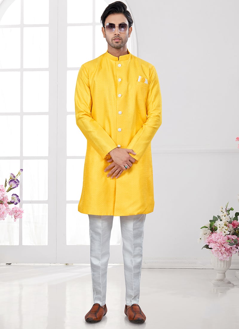 Yellow Super Silk Embroidered Sequins Indowestern Sherwani Festive Wear