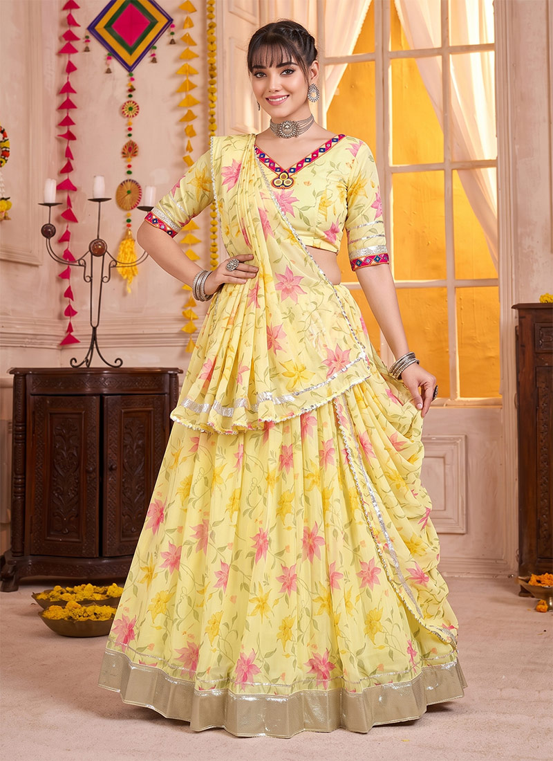Yellow Tabby Silk Floral Printed Mirror Gota Work Lehenga Festive Wear