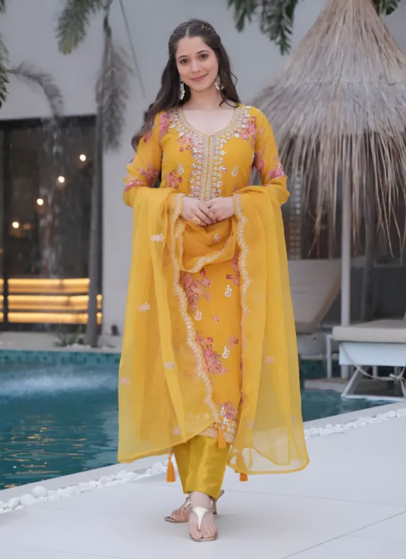Yellow Tabby Silk Straight Pant Suit With Embroidery Mirror Work And Floral Digital Print Festive Wear