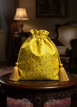 Yellow Taffeta Jacquard Potli