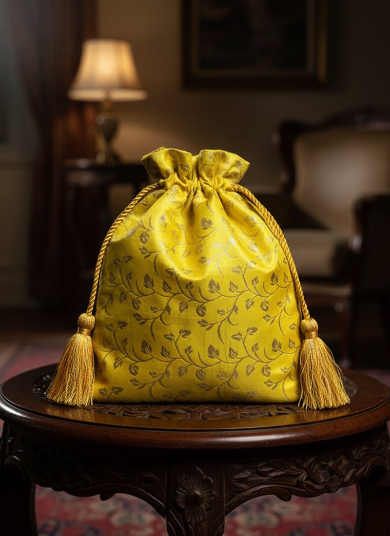 Yellow Taffeta Jacquard Potli Festive Wear