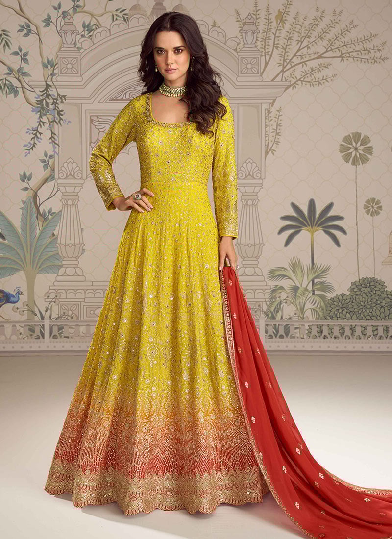Yellow Thread Embroidered Sequins Anarkali Suit Festive Wear