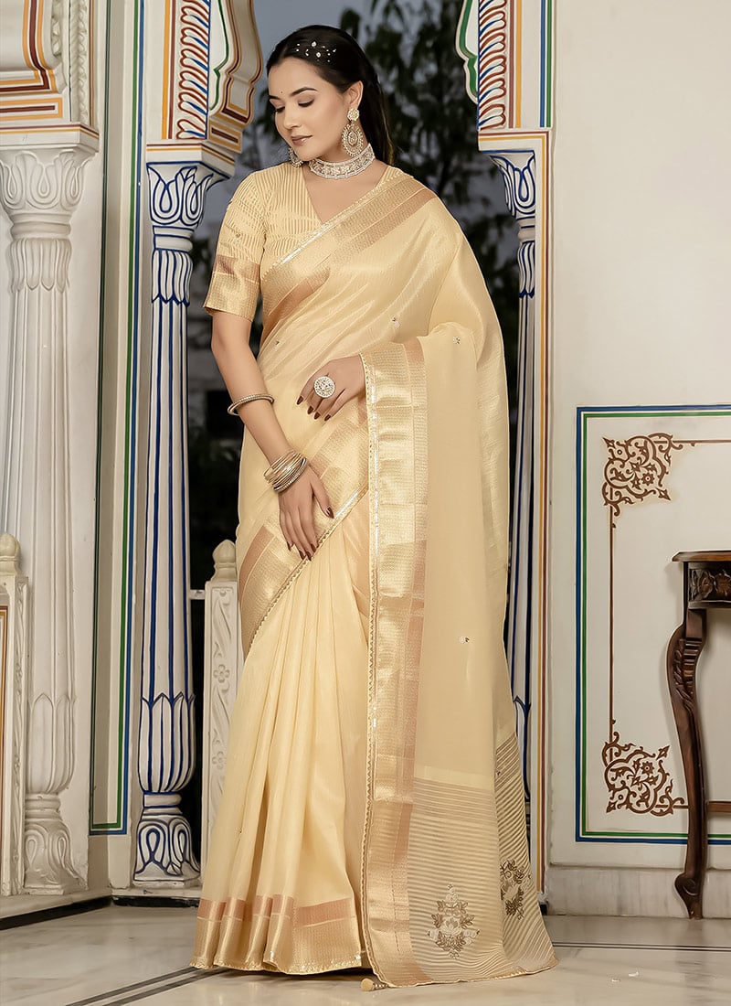 Yellow Tissue Linen Hand Embroidered Zari Saree Festive Wear