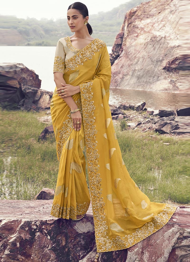 Yellow Tissue Silk Sequins Embroidered Stones Jacquard Thread Saree Festive Wear