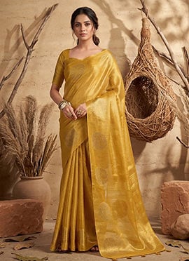 Yellow Tissue Silk Zari Jacquard Woven Saree