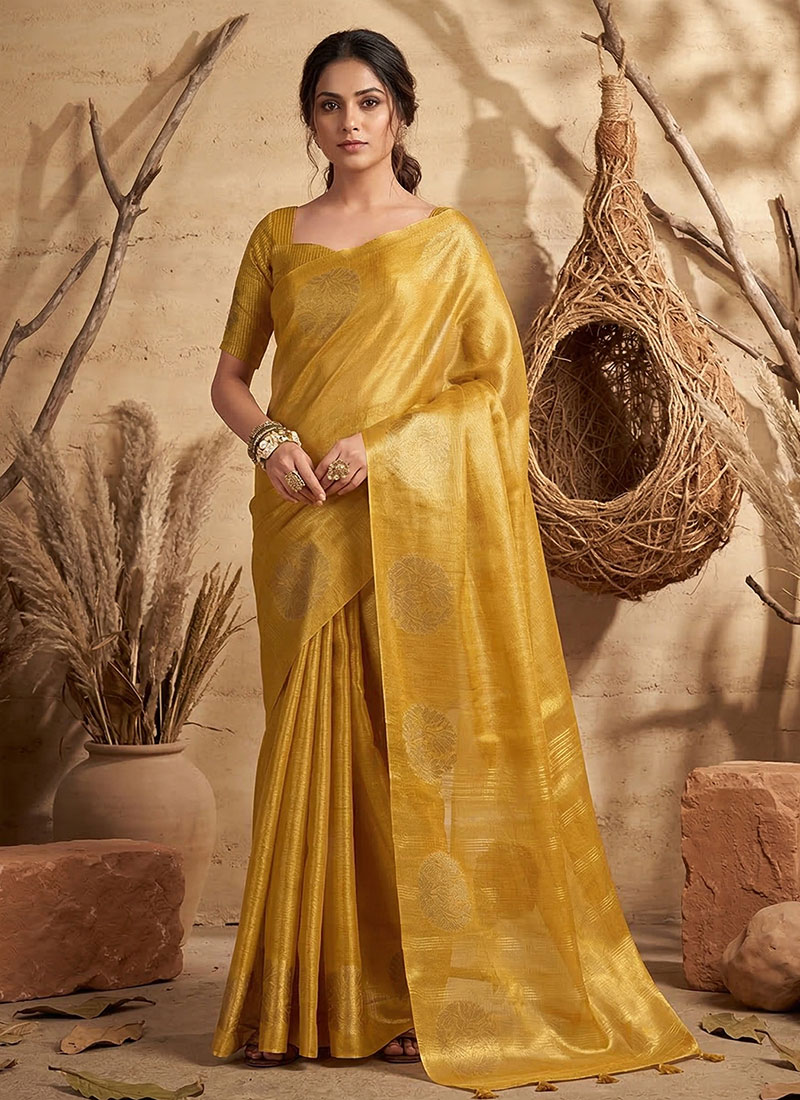 Yellow Tissue Silk Zari Jacquard Woven Saree Festive Wear