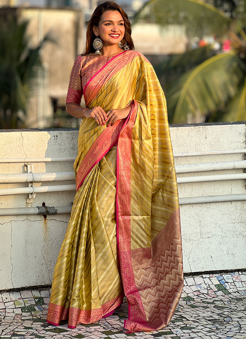 Yellow Tissue Woven Leheriya Saree