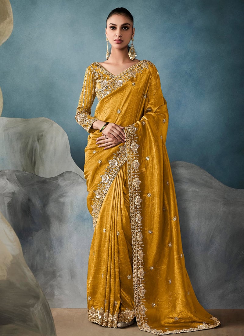 Yellow Tissue Zari And Embroidered Sequins Saree Festive Wear