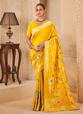 Yellow Tusser Silk Jacquard Zari Woven Saree
