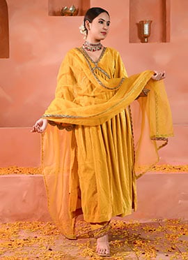 Yellow Velvet Zari Embroidered Empire Waist Straight Pant Suit