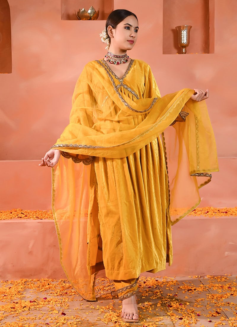 Yellow Velvet Zari Embroidered Empire Waist Straight Pant Suit Festive Wear