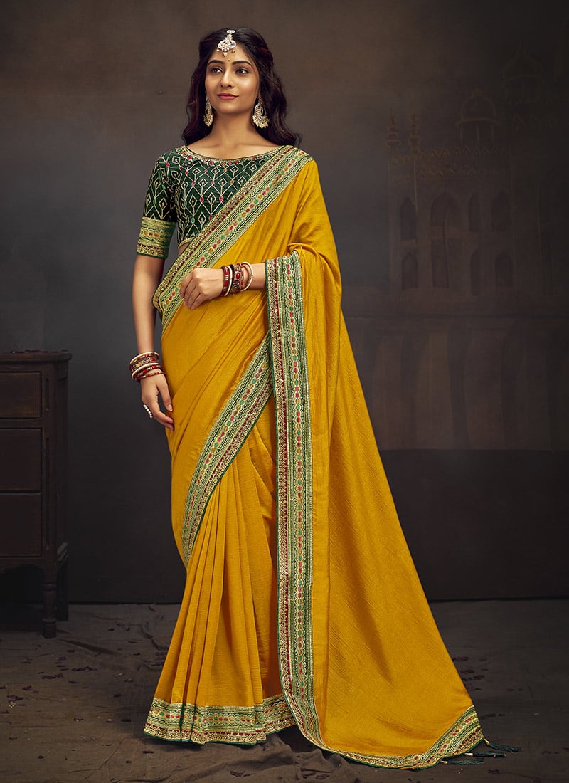 Yellow Vichitra Silk Embroidered Saree