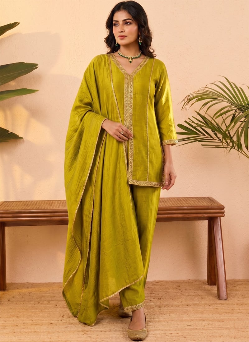 Yellow Vichitra Silk Embroidered Sequins Palazzo Suit After Six Wear