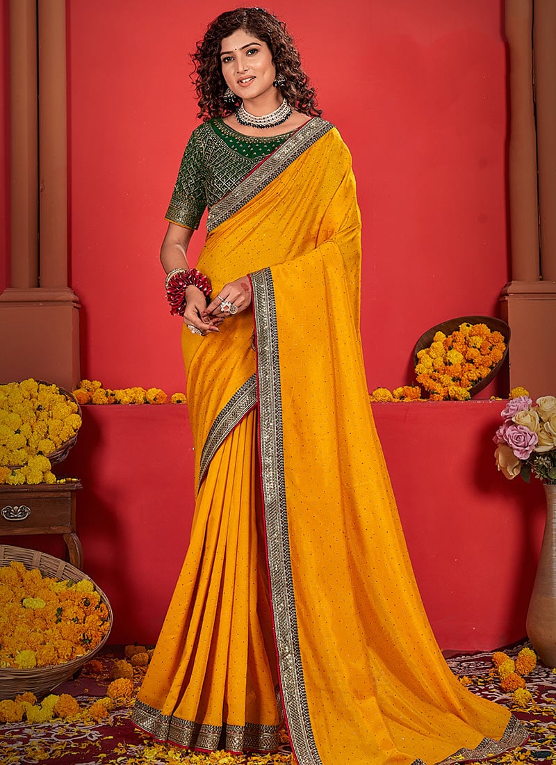 Yellow Vichitra Silk Embroidered Sequins Saree Festive Wear