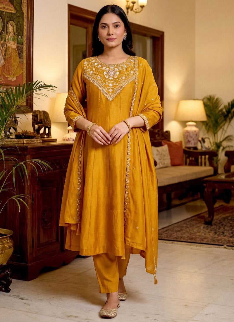 Yellow Vichitra Silk Embroidered Sequins Straight Pant Suit After Six Wear